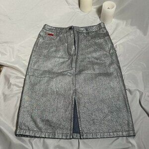 silver denim midi skirt